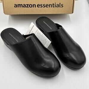 Amazon Essentials Slip On Clog Shoe Womens Black Mule Faux Leather Round Toe NEW